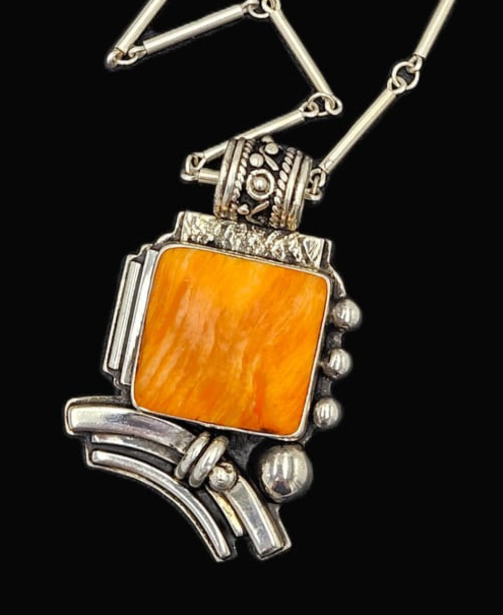 OOAK Victor Yurivilca Sterling Spiny Oyster Abstract Large Statement Necklace, silver, multicolor, orange - image 1