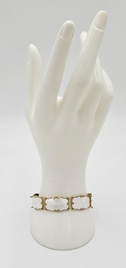 Ivar Holth Norway Sterling & White Enamel Art Deco Panel Link Bracelet 1940s