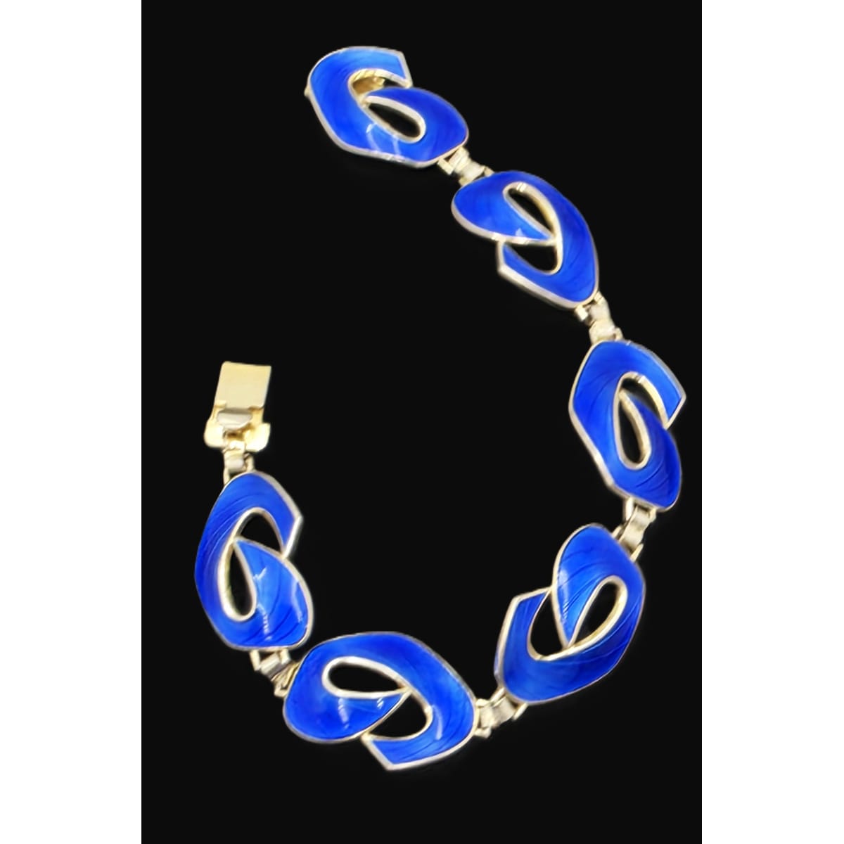 Ivar Holth Norway Gilt Sterling & Blue Enamel Art Deco Panel Link Bracelet 1940s