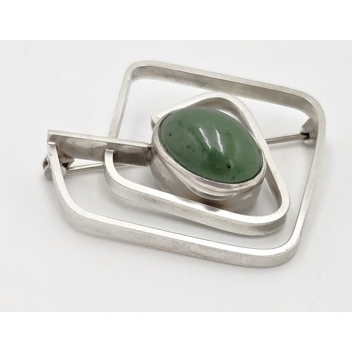 Vintage Sterling & Nephrite Modernist 3D Geometric Abstract Brooch Signed