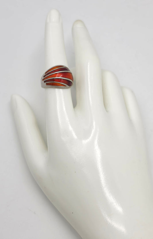 Norwegian David Andersen Sterling Reds Enamel Striped Wrap Ring Circa 40/50s