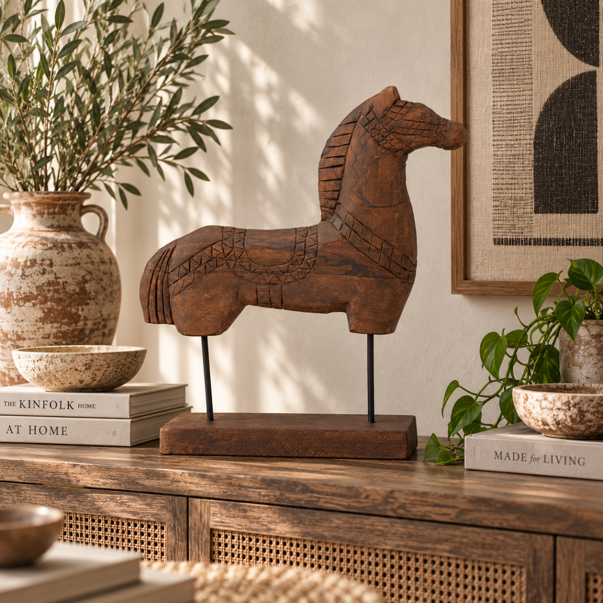 Tall Rustic Scandinavian Nordic Style Carved Solid Wood Folk Art Horse Sculpture