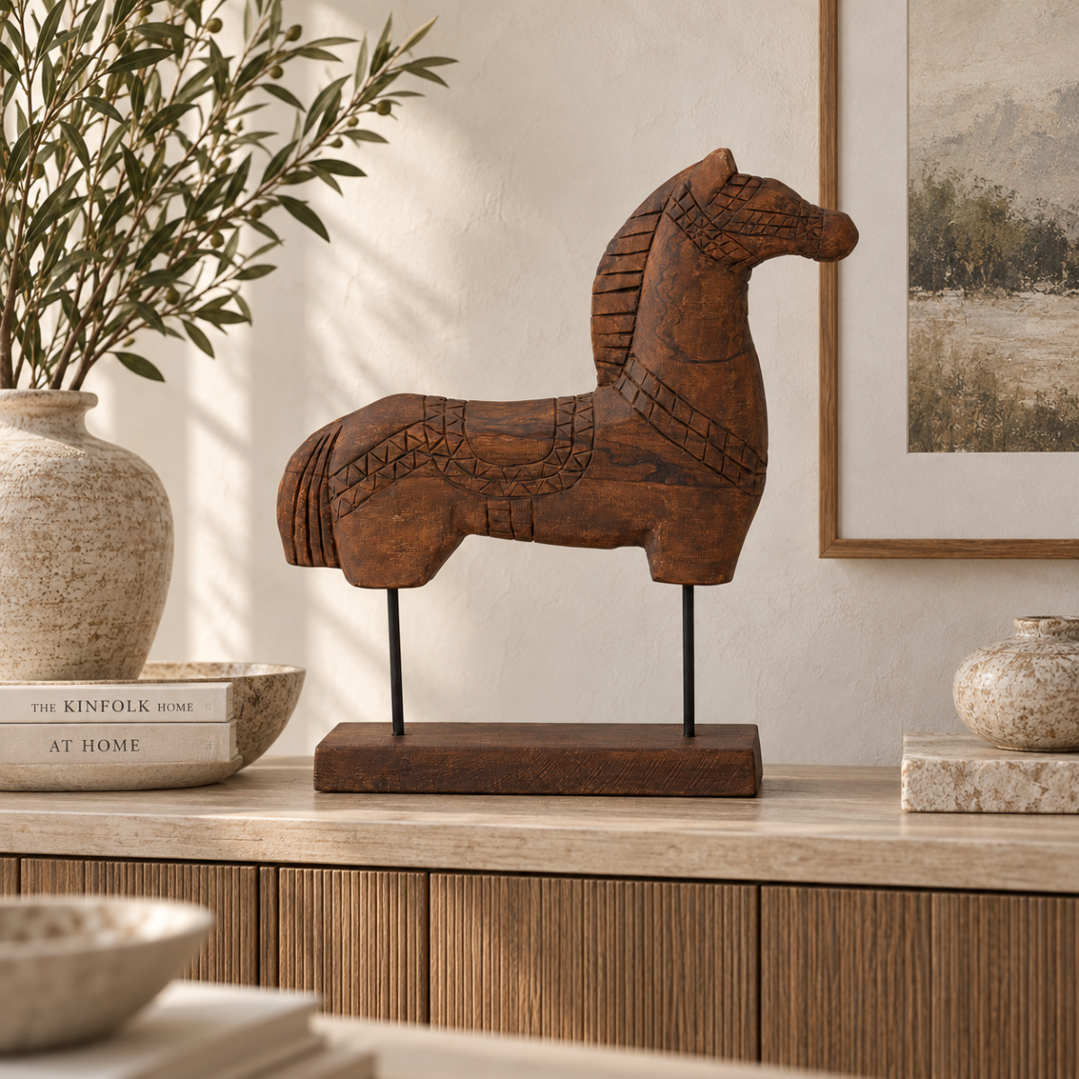 Tall Rustic Scandinavian Nordic Style Carved Solid Wood Folk Art Horse Sculpture