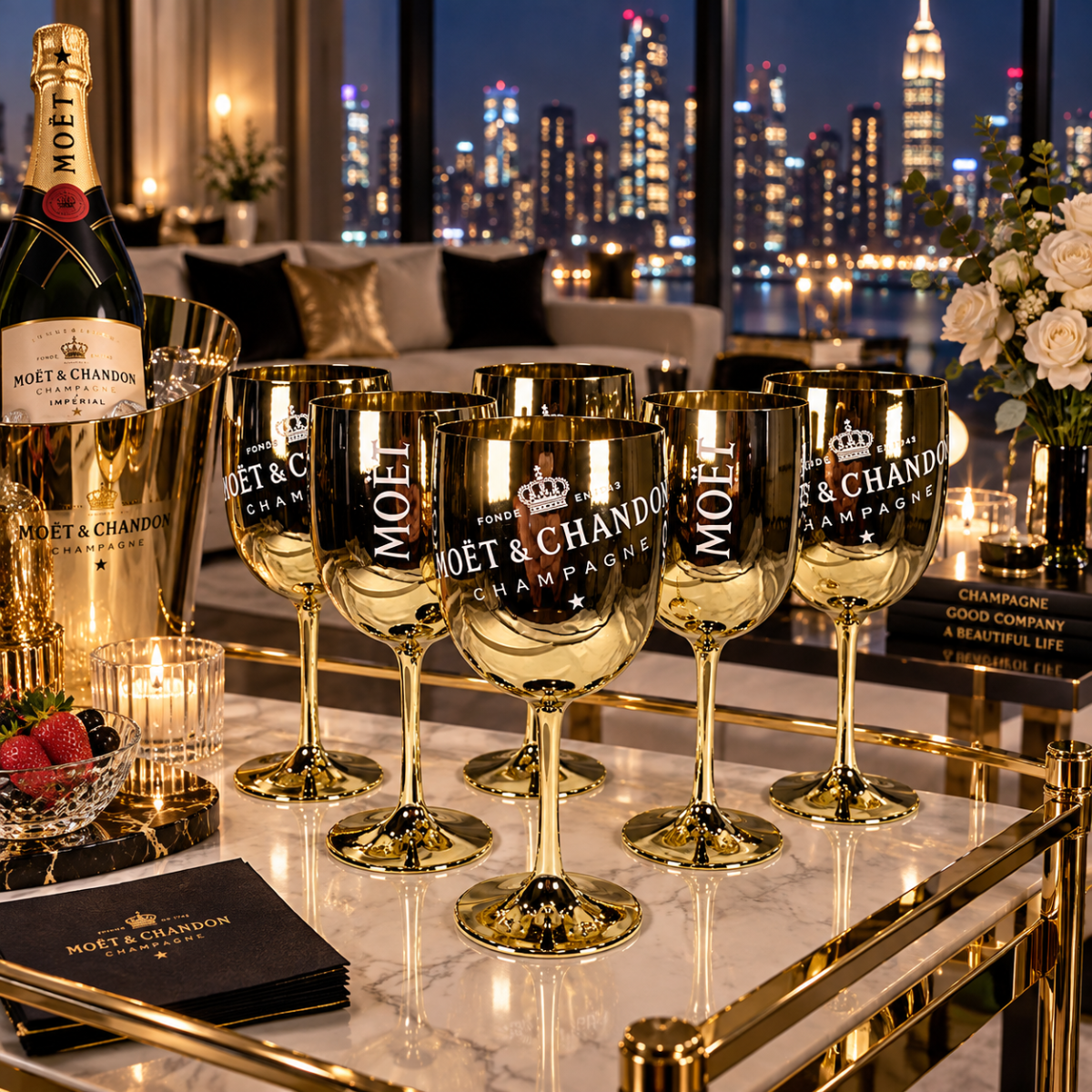 Moet Chandon Barware NOS Gold Crystal Glass Moët & Chandon Wine Water Champagne Goblets IOB