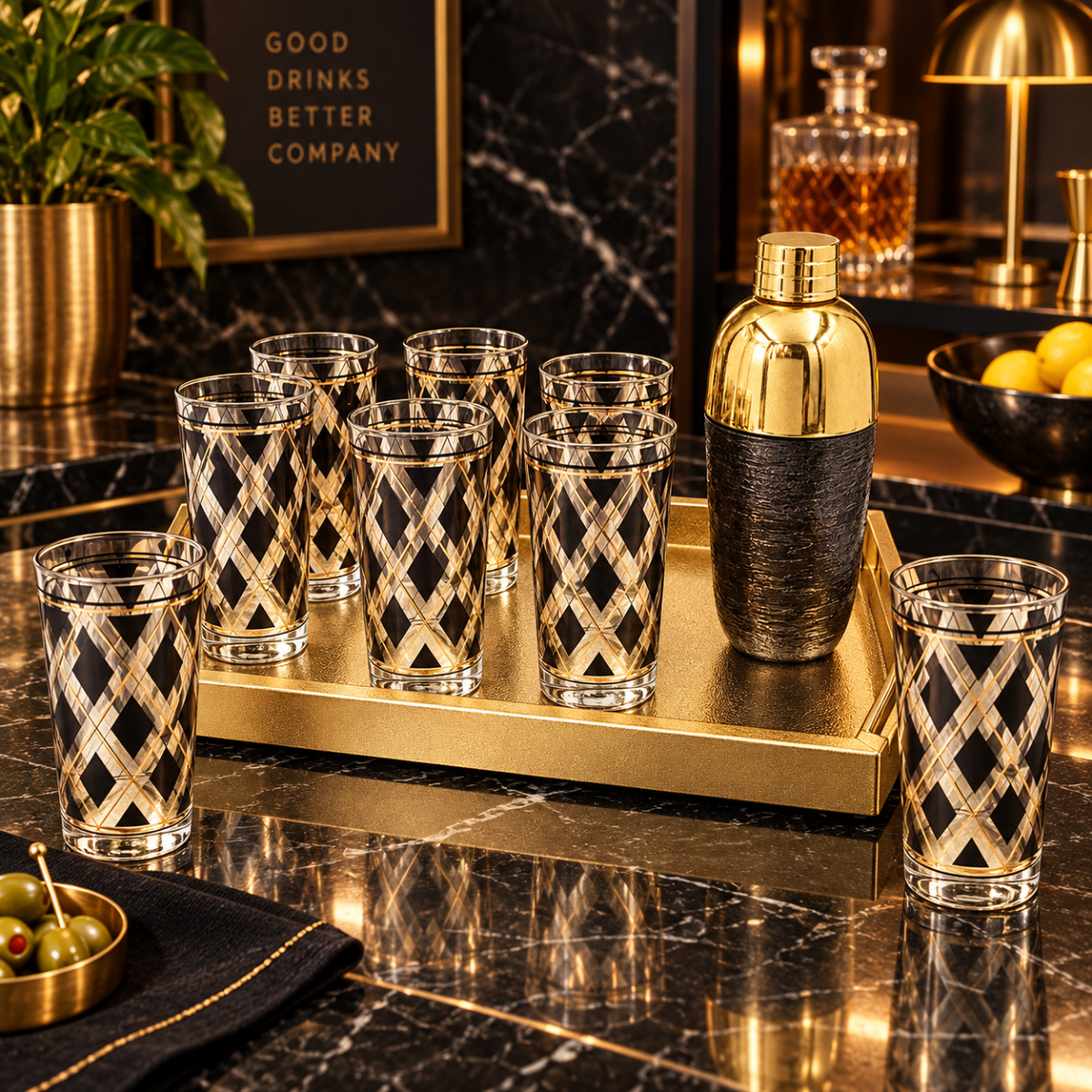 NOS Libbey Black Gold Argyle Glasses w/ Nima Oberoi Lunares Shaker Tray Set