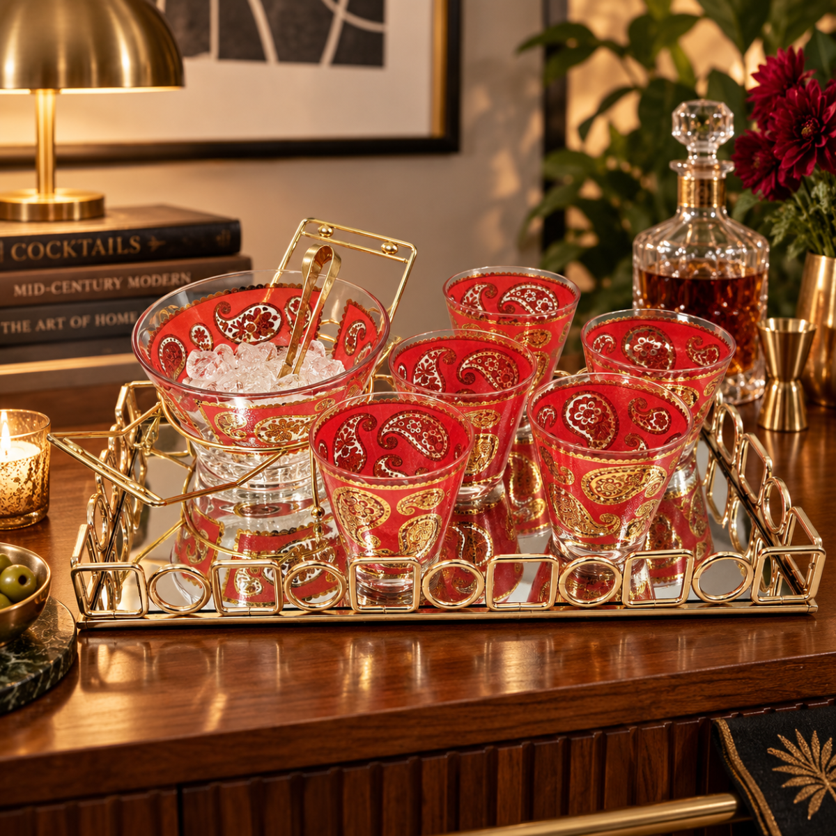 Culver Serveware Culver Red Paisley 22k Gold Glasses Ice Bucket Caddy Tray Set 1960s