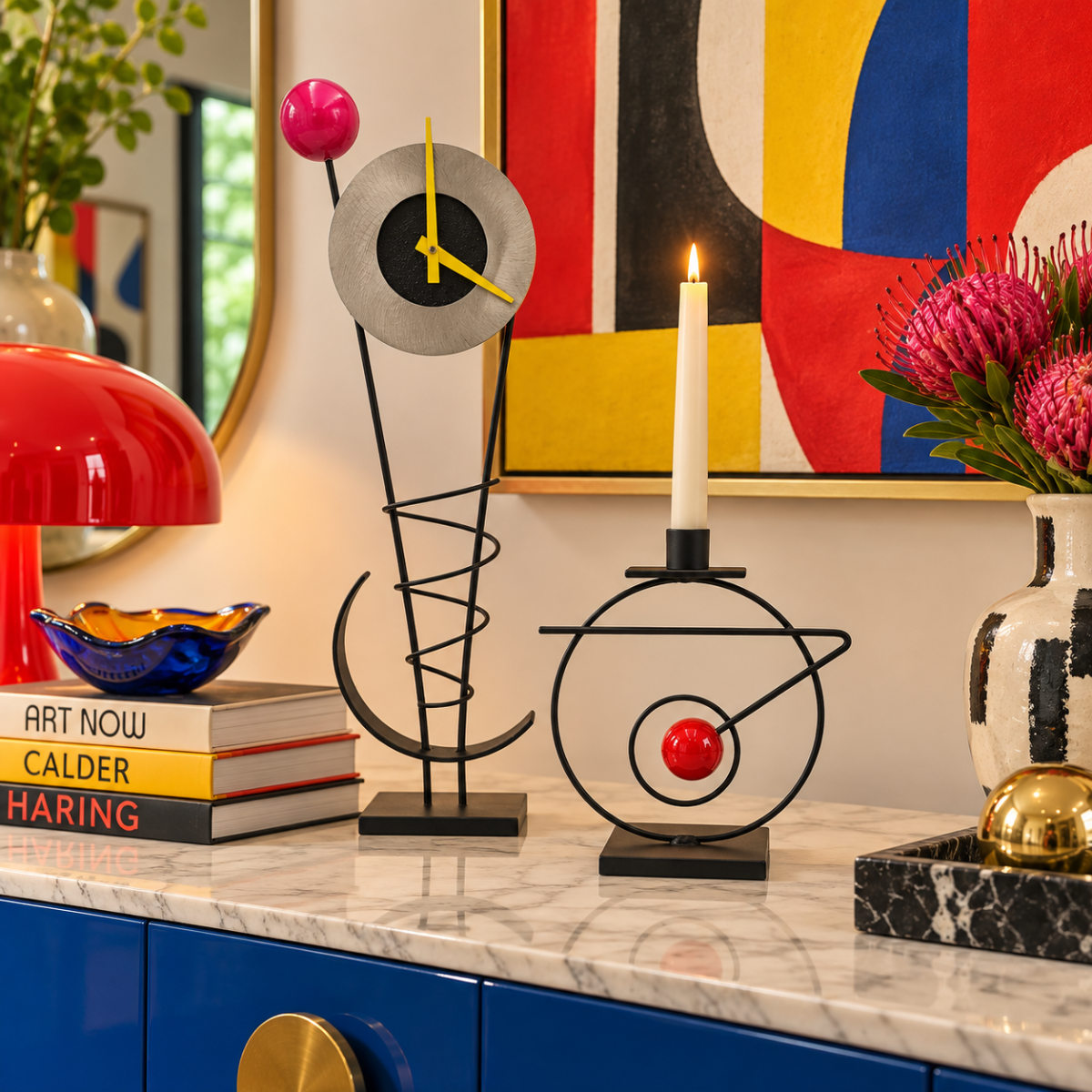 Rick Martin Clock and Candleholder Rick Martin Abstract Modernist Pop Art Memphis Style Clock & Candleholder