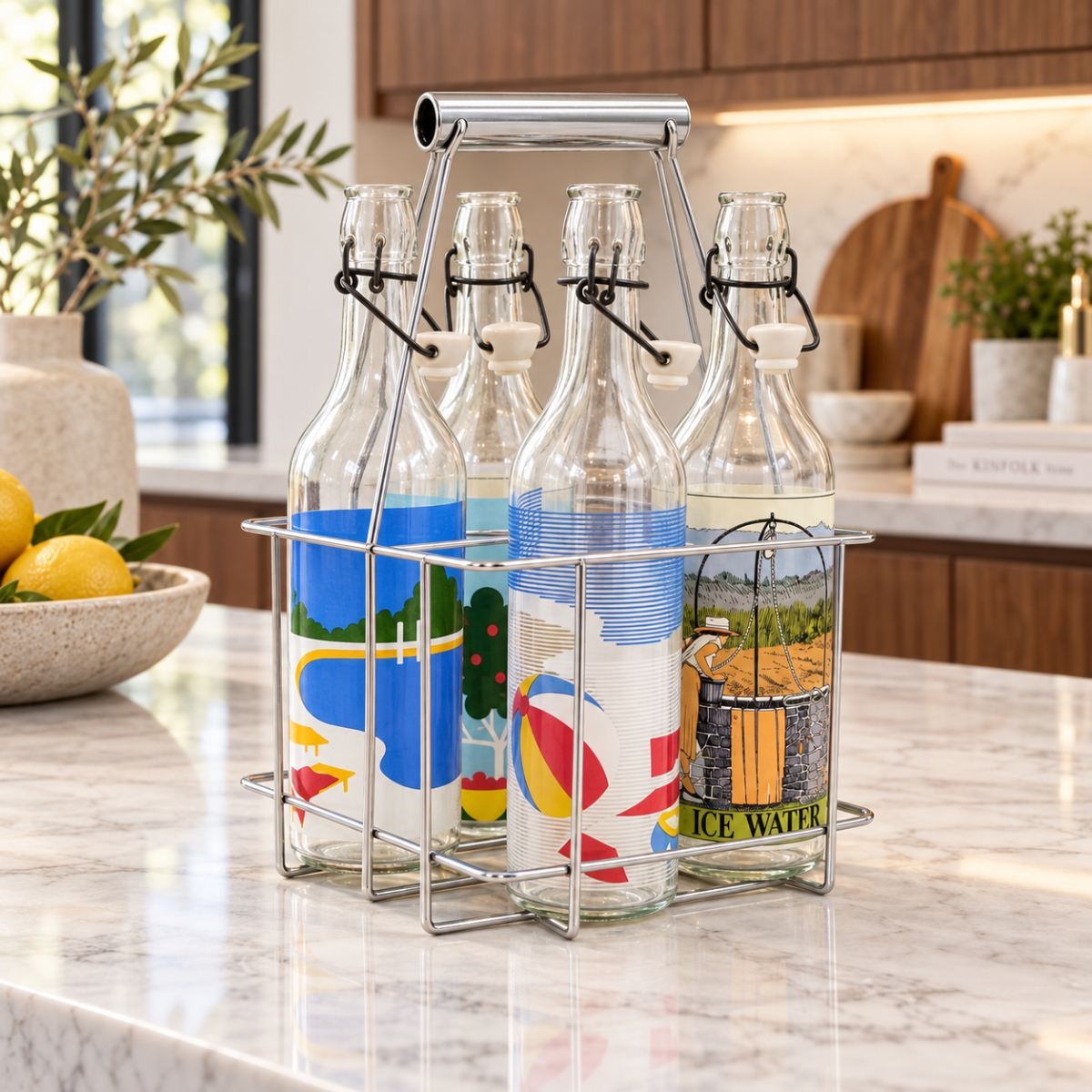Egizia Italy Barware Set of 4 Large Vintage Water Bottles in Chrome Caddy Egizia Italy