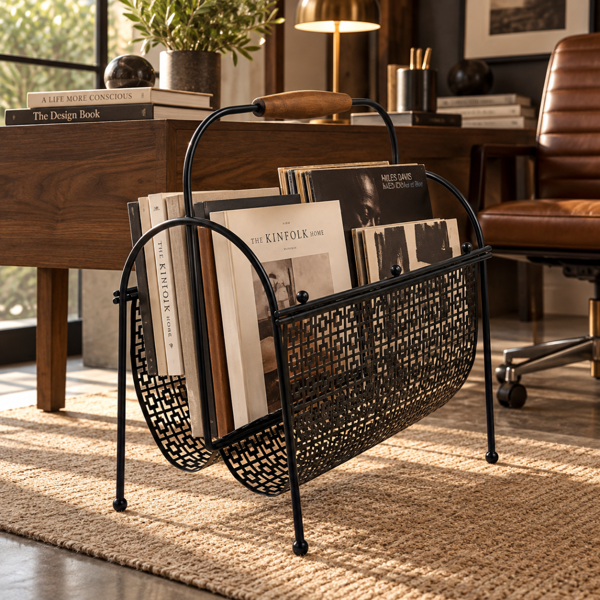 MCM Magazine Rack Magazine Rack Fabulous 1950s Mod Patterned Black Steel Double Magazine LP Record