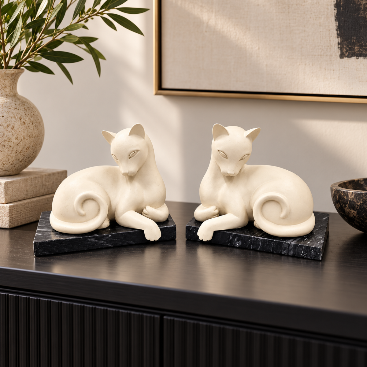 ceramic on Marble Base Cats Kittens Bookends 1960s Retro modernist