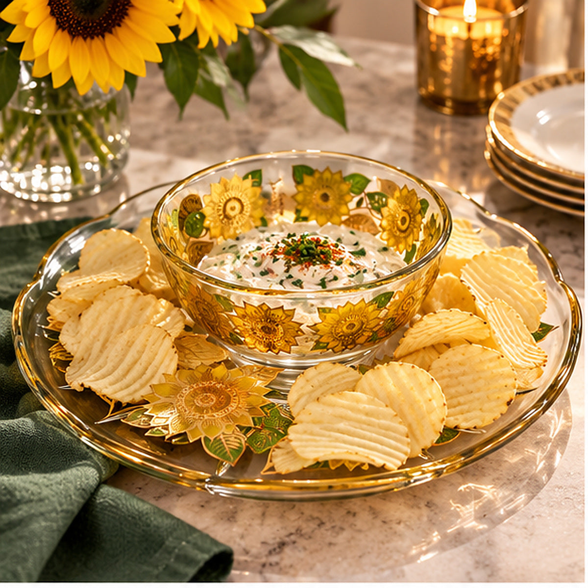 Georges Briard 22K Gold "Sunflowers" Chip & Dip Crystal Platter