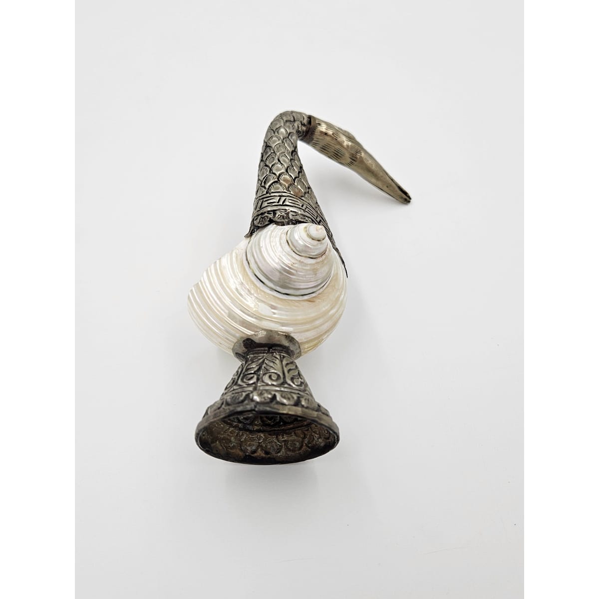 Pair of Antique Tibetan Nautilus Shell silver Mounted Swan Figural Vases, view 10 of 10
