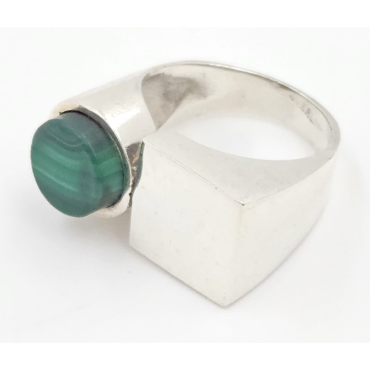 Artisan 925 Ring Jewelry Sterling Silver Green Malachite Abstract Modernist Ring