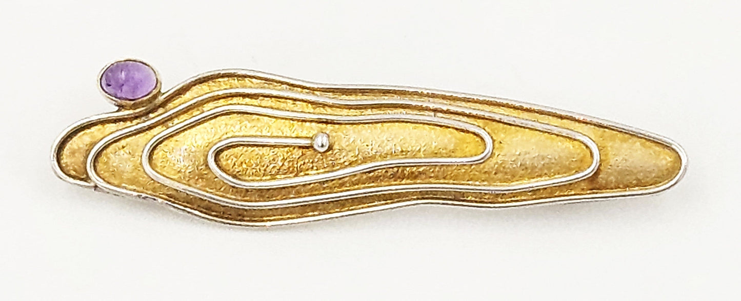Artisan Brooch Jewelry Artisan Gilt Sterling & Amethyst Large Abstract Modernist Brooch