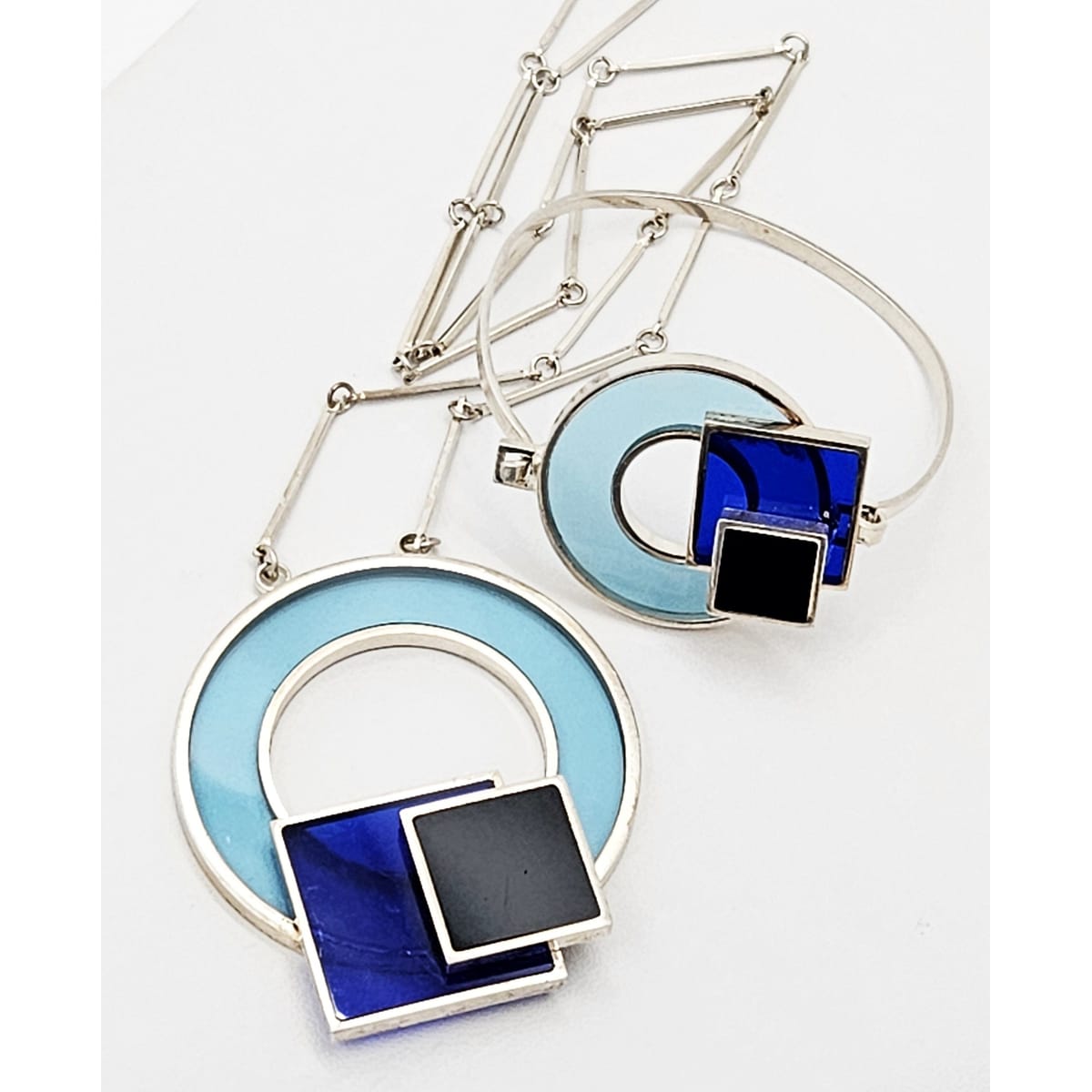 Artisan Stain Glass Bracelet & Necklace Set Jewelry Artisan Made Stain Glass and Sterling Silver Modernist Necklace and Bracelet Set