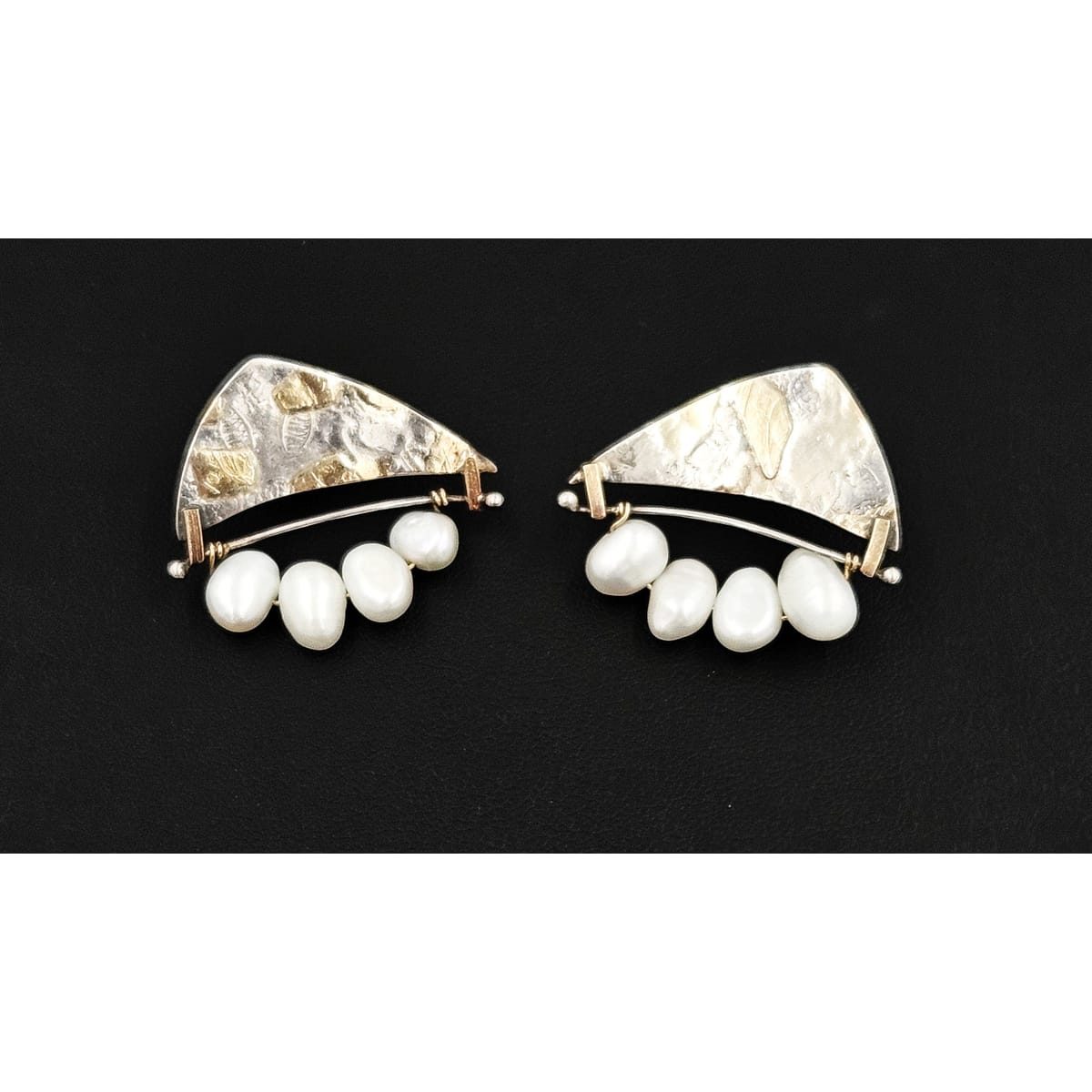 Artisan Sterling 14k Pearl Earrings Jewelry Artisan Signed Sterling - 14K Gold - Pearl Modernist Abstract 3D Earrings