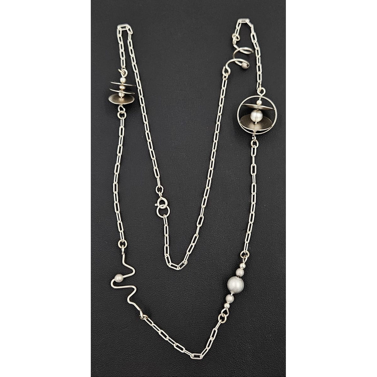 Artisan Sterling Modernist Necklace Jewelry Artisan Made Abstract Modernist Sterling Bead Disc & Pearl XL Station Necklace