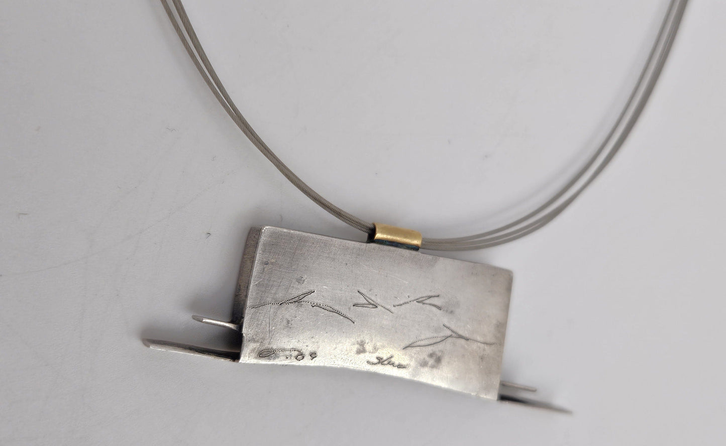 Artisan Sterling Necklace Jewelry Signed Sterling Modernist Pendant w/ Cable Necklace