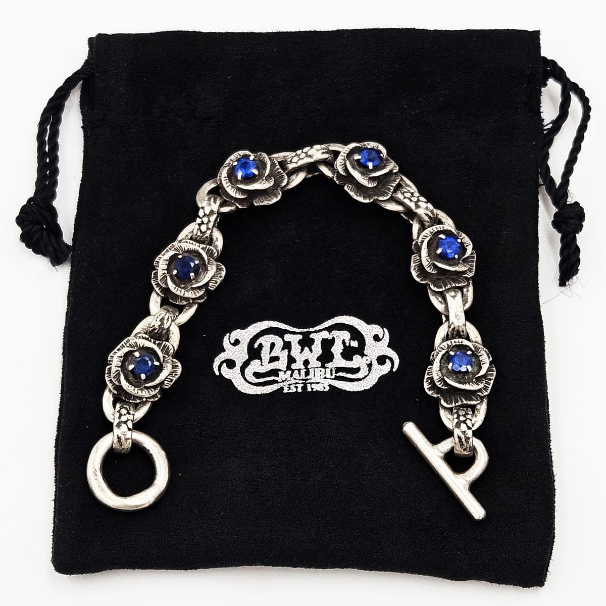 Bill Wall Leather Jewelry Superb Designer Bill Wall Sterling + Sapphire Hefty Flower Panel Link Bracelet