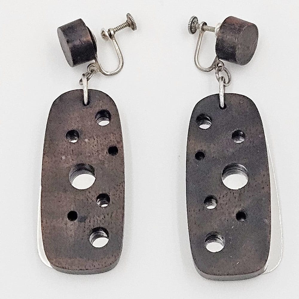 Cavagnaro Jewelry RARE Cavagnaro Sterling + Ebony Wood Abstract Mod XL 2-Part Earrings 1950s