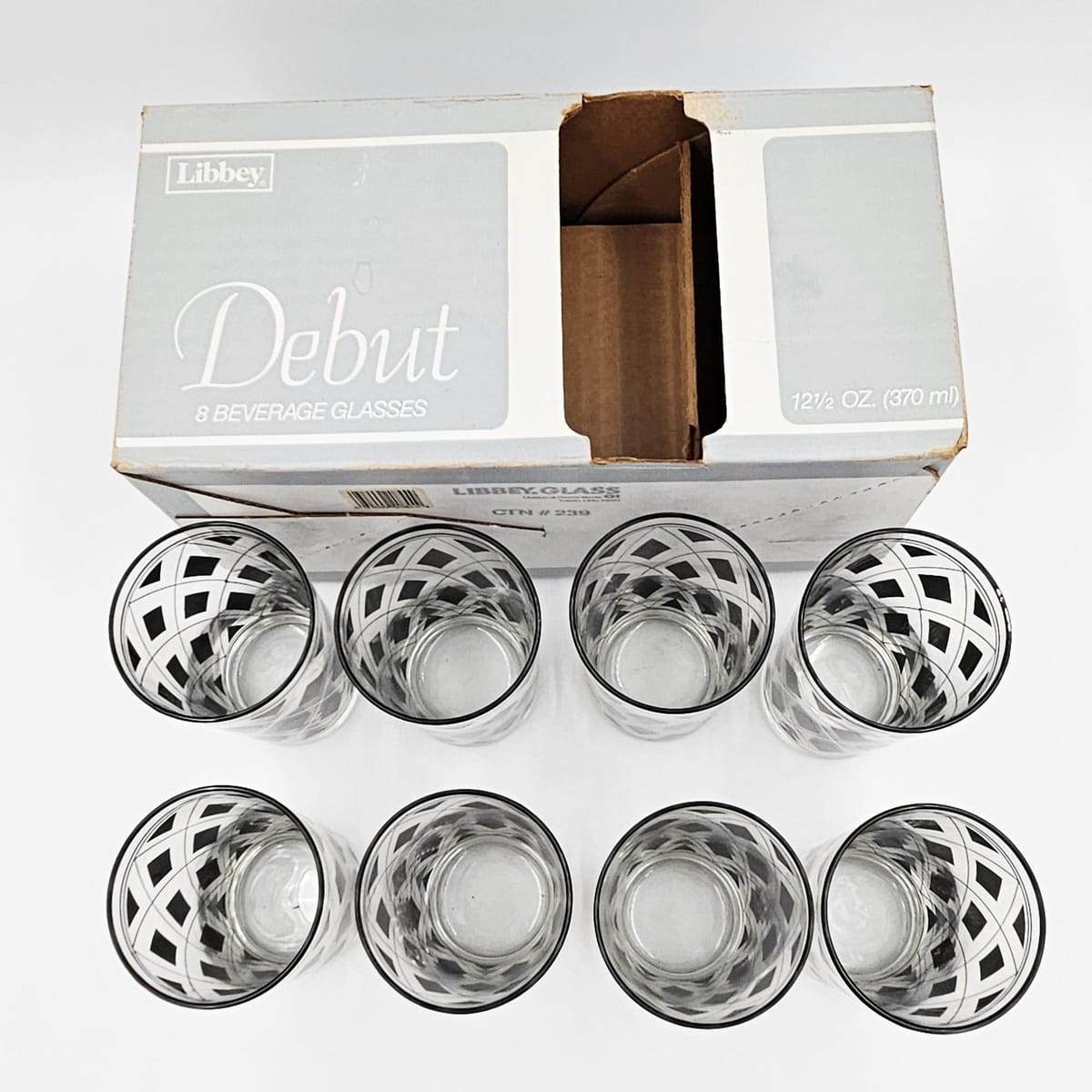Cera Barware NOS Libbey Black Gold Argyle Glasses w/ Nima Oberoi Lunares Shaker Tray Set