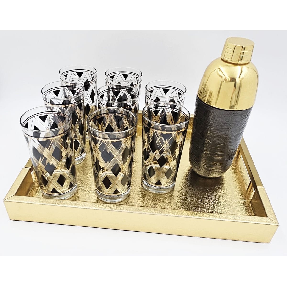 Cera Barware NOS Libbey Black Gold Argyle Glasses w/ Nima Oberoi Lunares Shaker Tray Set