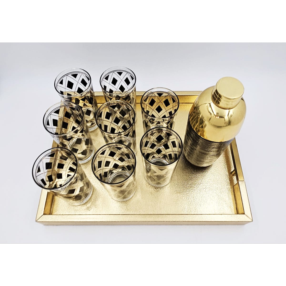 Cera Barware NOS Libbey Black Gold Argyle Glasses w/ Nima Oberoi Lunares Shaker Tray Set