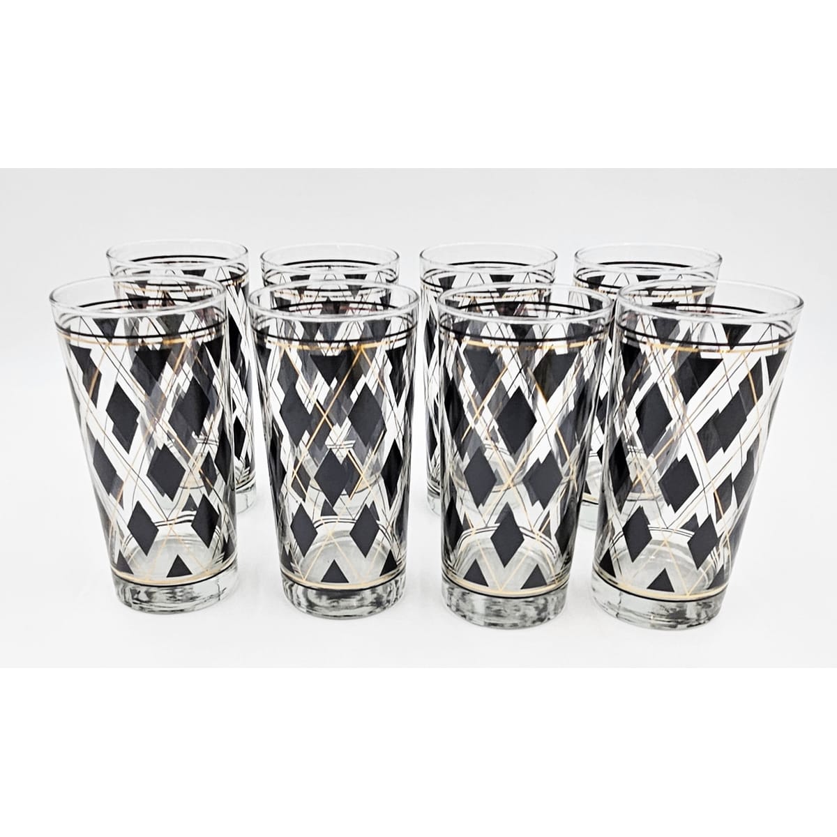 Cera Barware NOS Libbey Black Gold Argyle Glasses w/ Nima Oberoi Lunares Shaker Tray Set