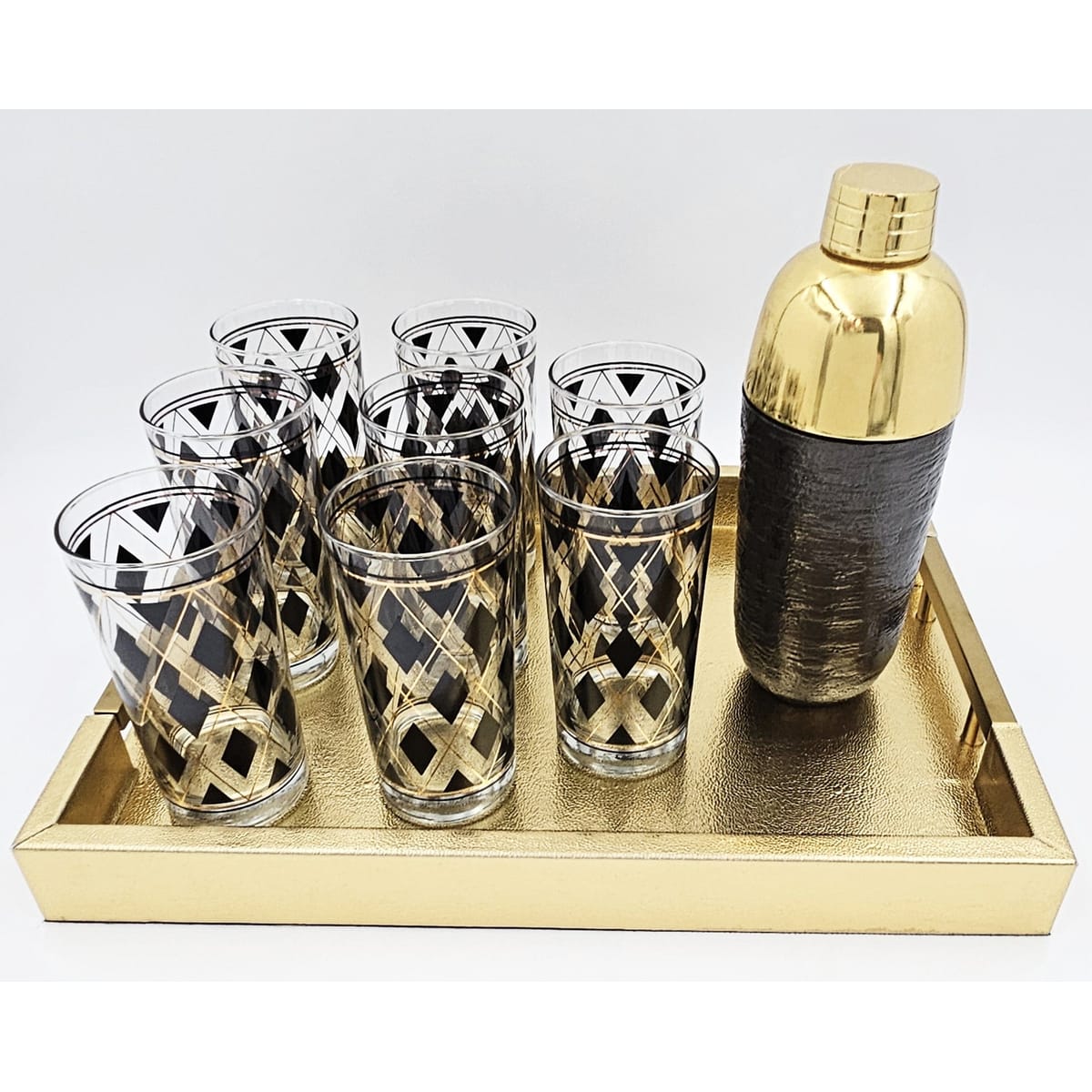 Cera Barware NOS Libbey Black Gold Argyle Glasses w/ Nima Oberoi Lunares Shaker Tray Set