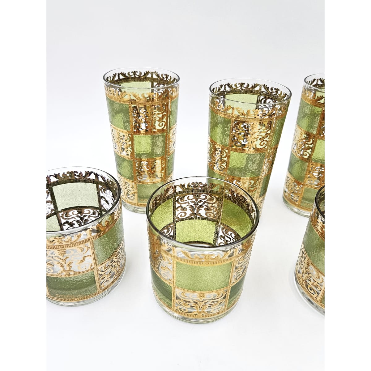 Culver Serveware Stunning Culver Prado Green 22k Gold Glassware Barware Set Circa 1960s