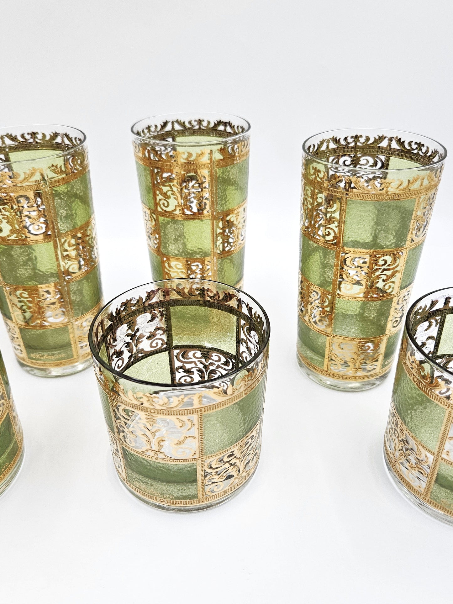 Culver Serveware Stunning Culver Prado Green 22k Gold Glassware Barware Set Circa 1960s