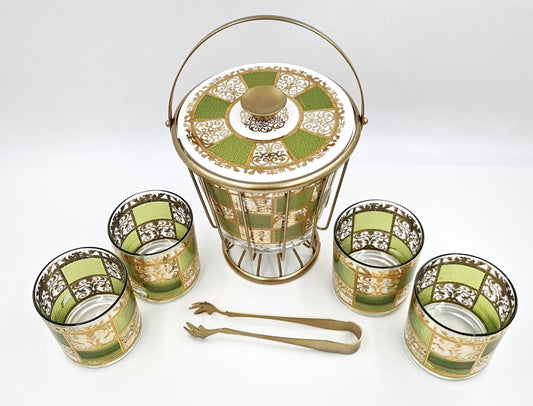 Culver Serveware Stunning Culver Prado Green 22k Gold Ice Bucket Glasses Barware Set 60s