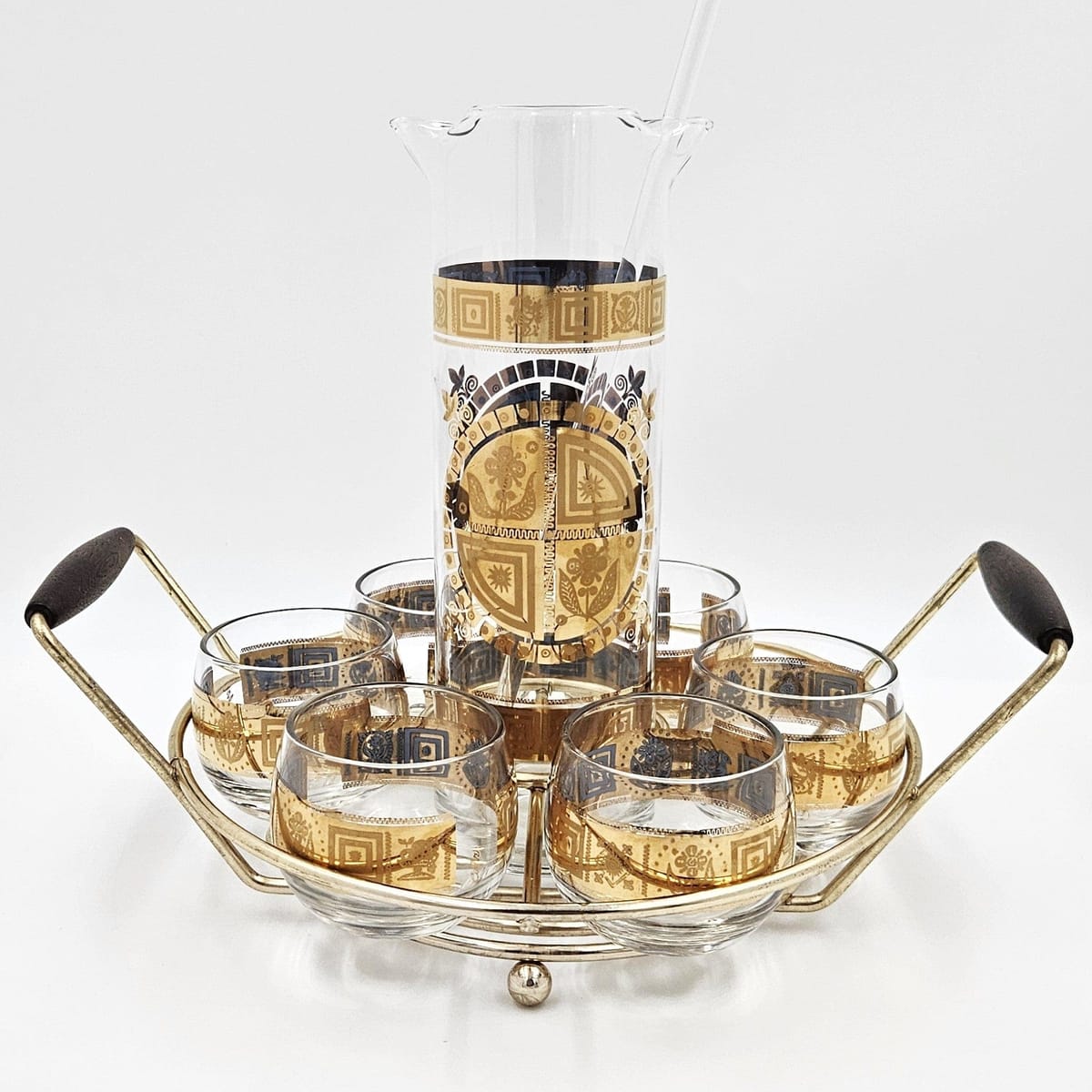 Culver Serveware Superb Culver Coronet 22k Gold Lt. Blue Martini Pitcher Glasses Caddy Set 1960s