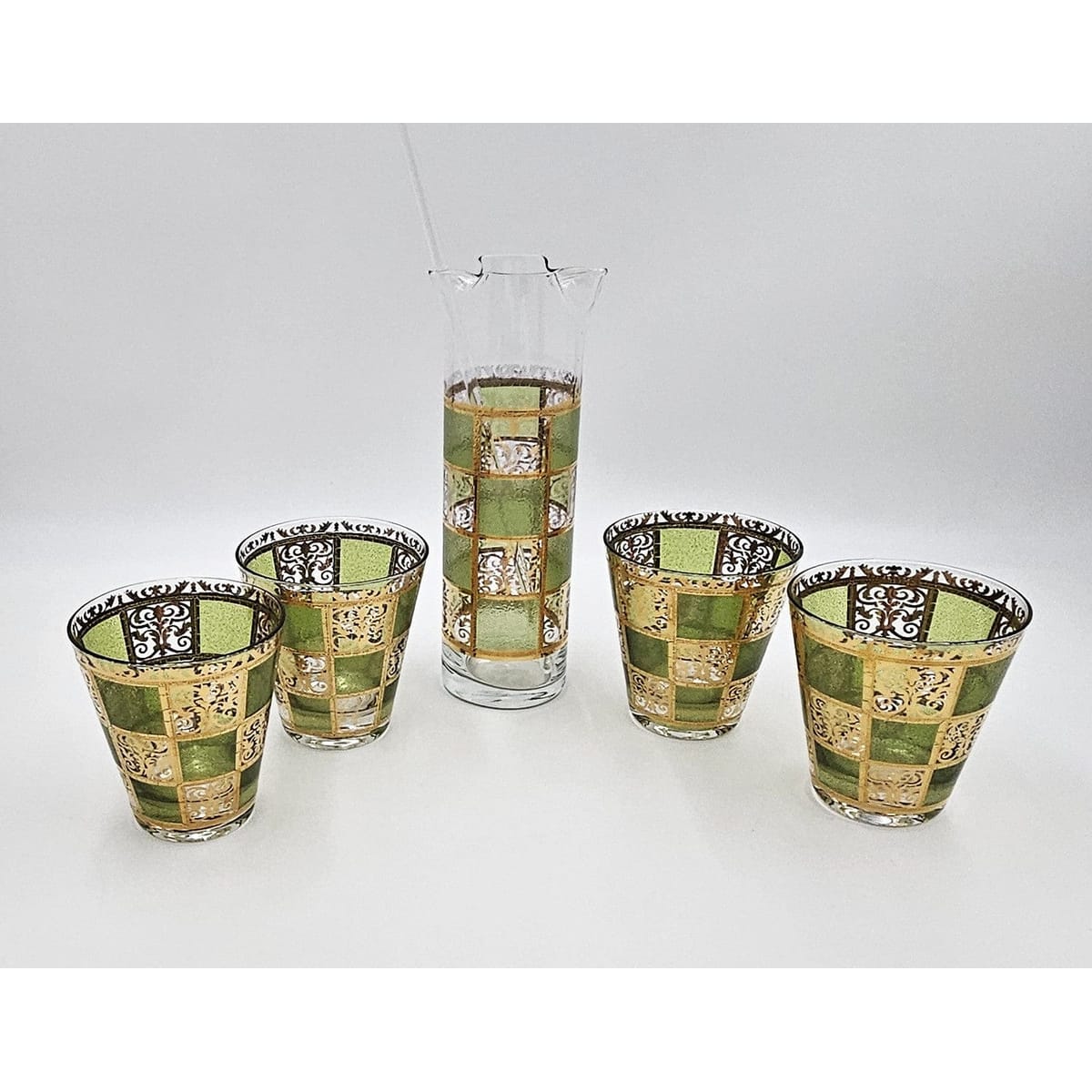 Culver Serveware Superb Culver Prado Green 22k Gold Martini Pitcher Glasses Barware Set 1960s