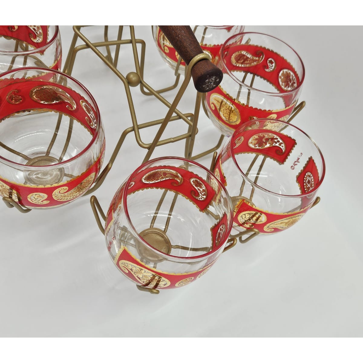 Culver Serveware Superb Culver Red Paisley 22k Gold XL Roly Poly Glasses Caddy Set Circa 1960s