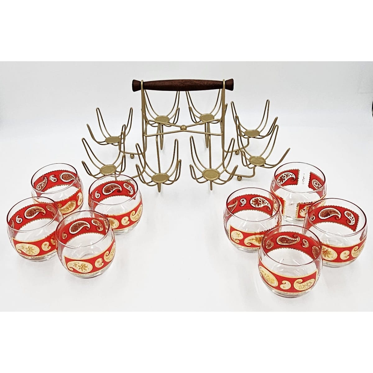 Culver Serveware Superb Culver Red Paisley 22k Gold XL Roly Poly Glasses Caddy Set Circa 1960s