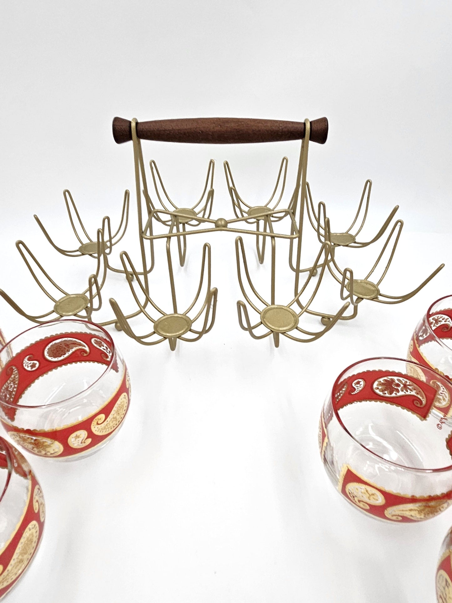 Culver Serveware Superb Culver Red Paisley 22k Gold XL Roly Poly Glasses Caddy Set Circa 1960s