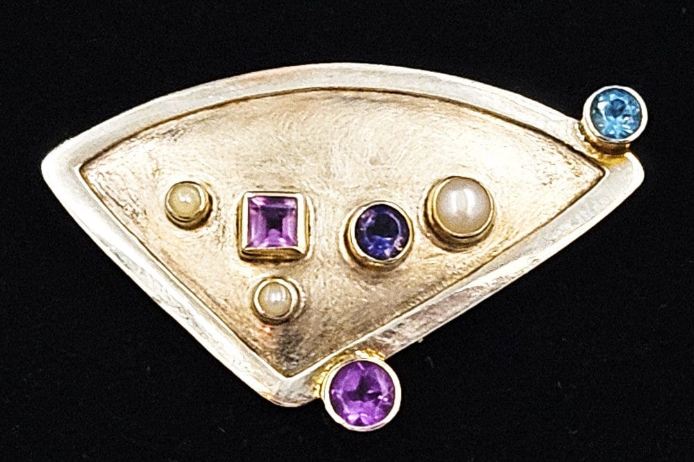 Elizabeth Prior Jewelry Designer Elizabeth Prior Sterling 14k Gold Semi-Precious Stones Brooch 1990s