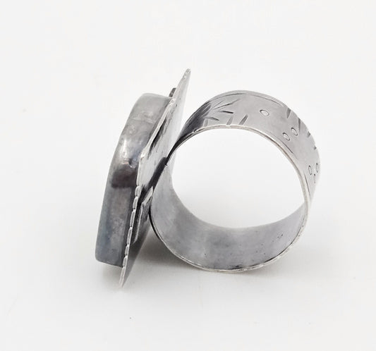 ER Sterling Jewelry Vintage Designer ER Brutalist Sterling Silver & Bone Square Faced Ring