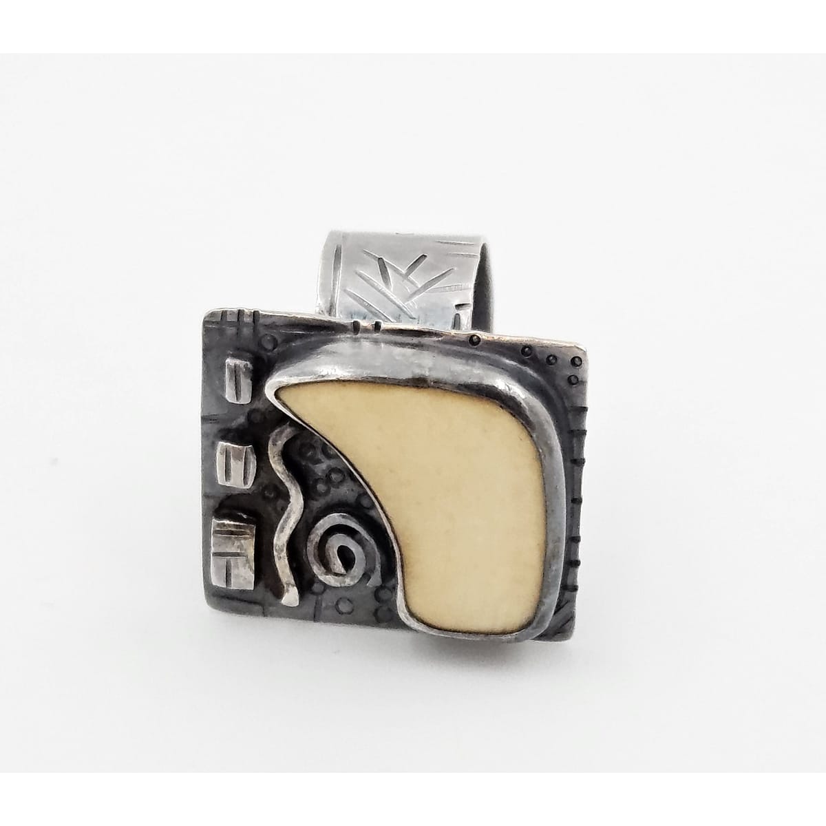ER Sterling Jewelry Vintage Designer ER Brutalist Sterling Silver & Bone Square Faced Ring