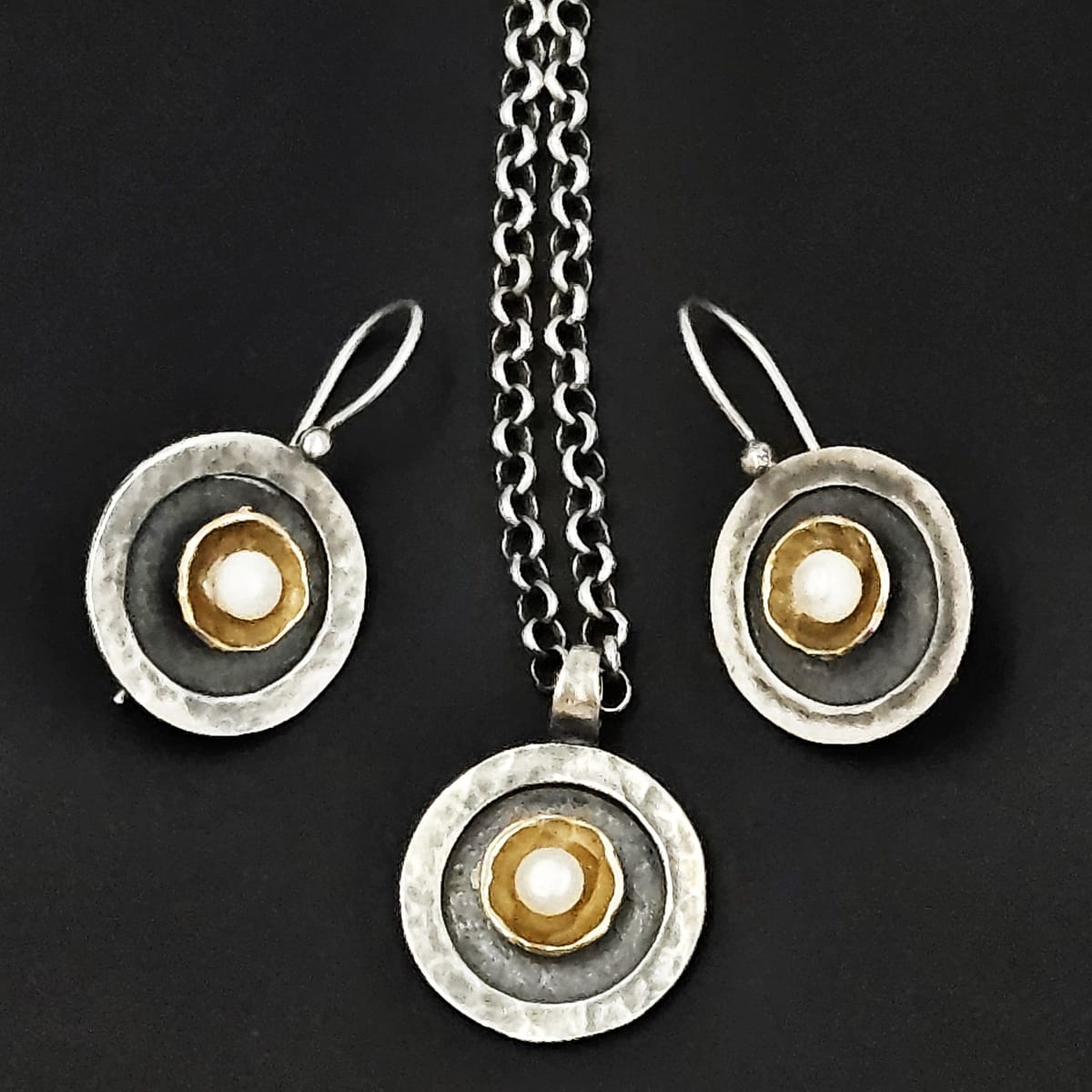 Golan Goldex Jewelry Sterling 14k Pearl Modernist Necklace & Earrings Set by Golan Goldex of Israel
