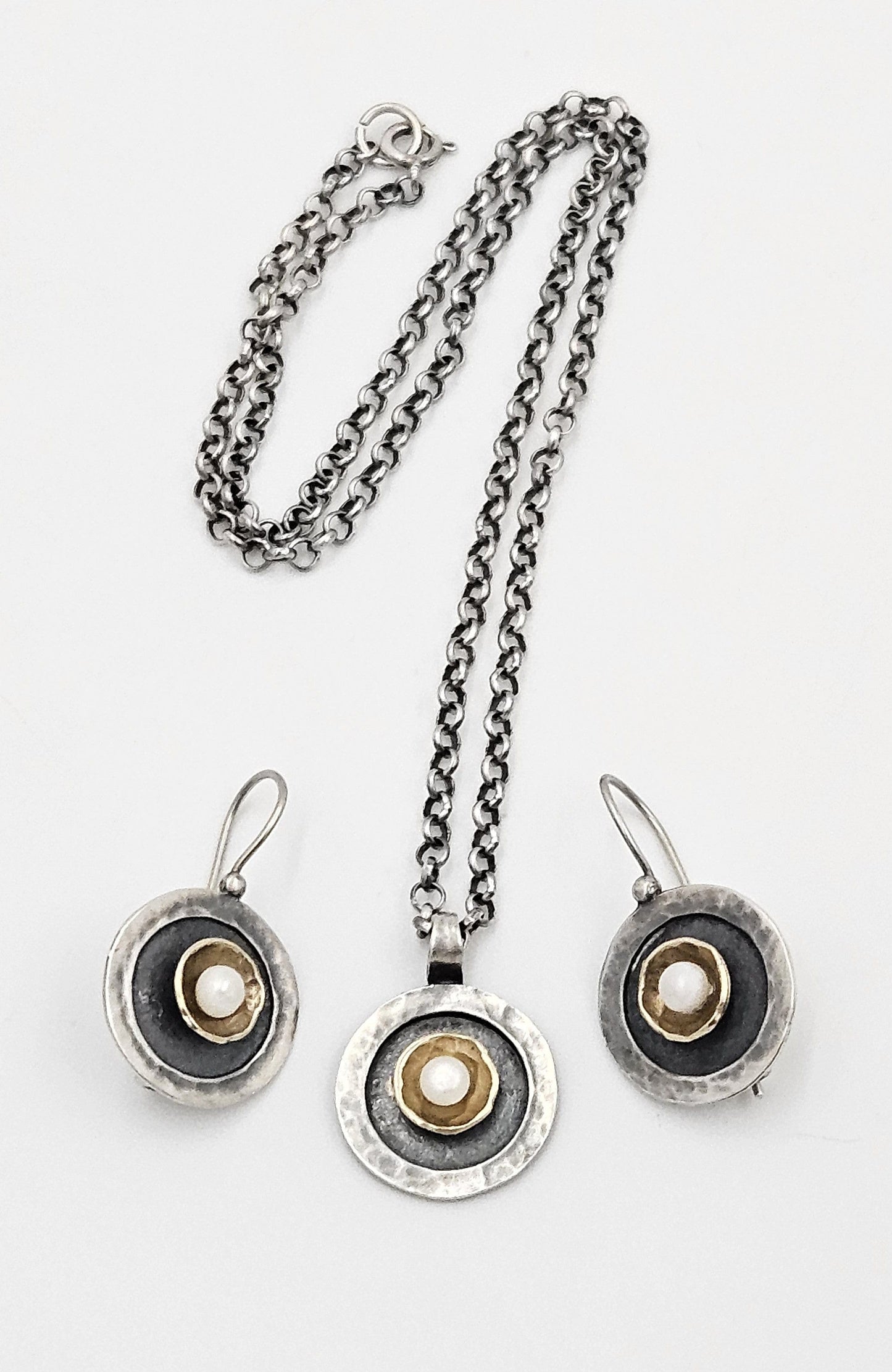 Golan Goldex Jewelry Sterling 14k Pearl Modernist Necklace & Earrings Set by Golan Goldex of Israel