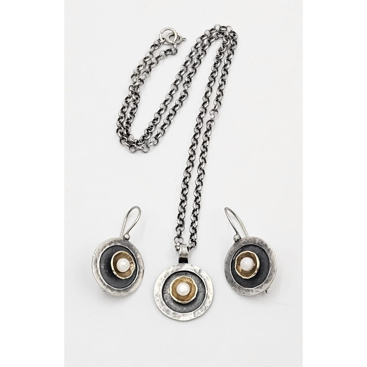Golan Goldex Jewelry Sterling 14k Pearl Modernist Necklace & Earrings Set by Golan Goldex of Israel