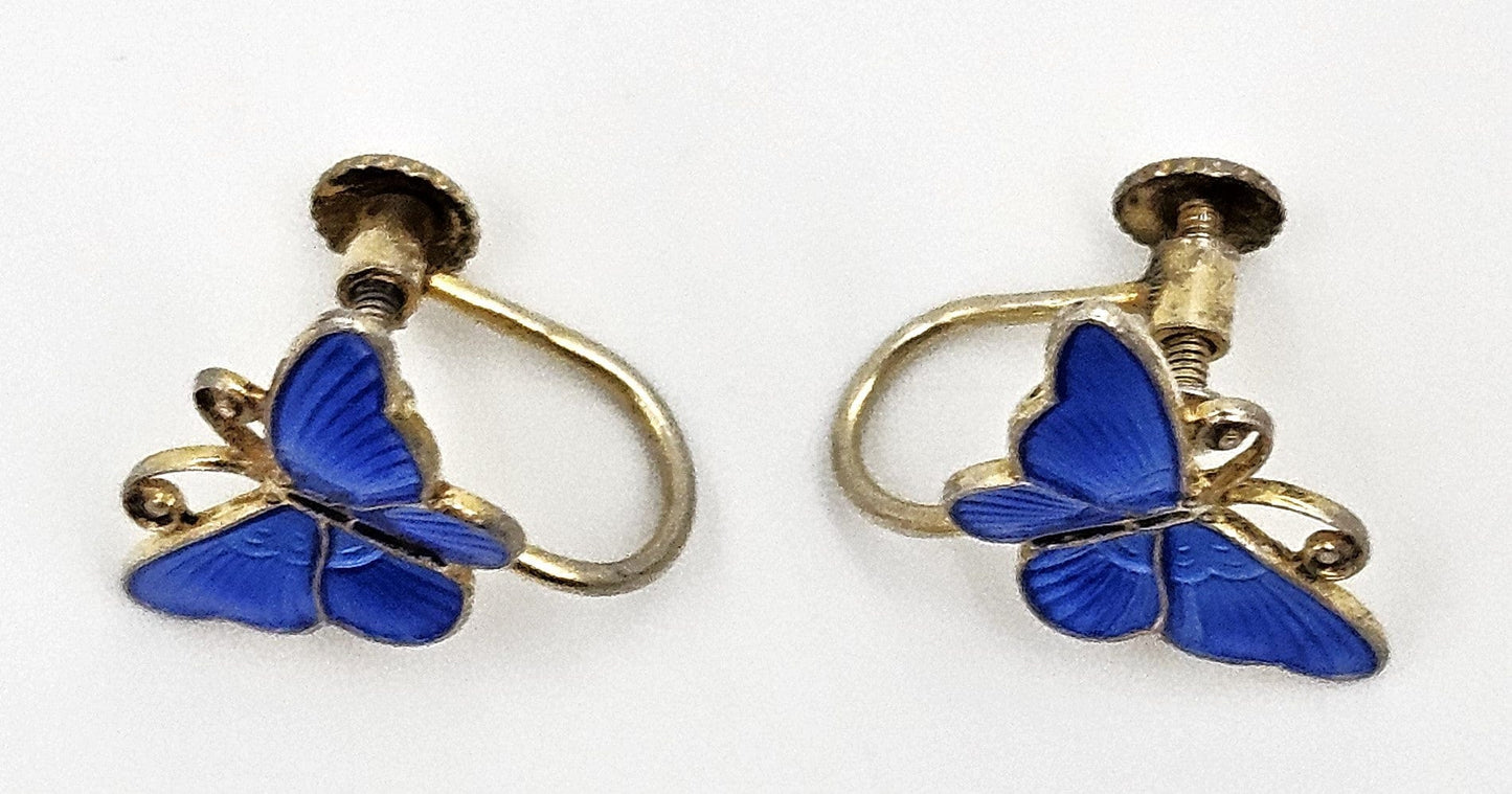 Ivar Holth Jewelry Ivar Holth Norway Gilt Sterling Royal Blue Enamel Butterfly Earrings Circa 1950s