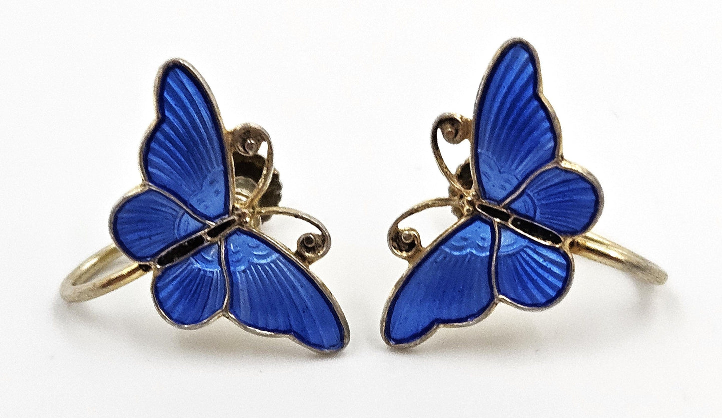 Ivar Holth Jewelry Ivar Holth Norway Gilt Sterling Royal Blue Enamel Butterfly Earrings Circa 1950s