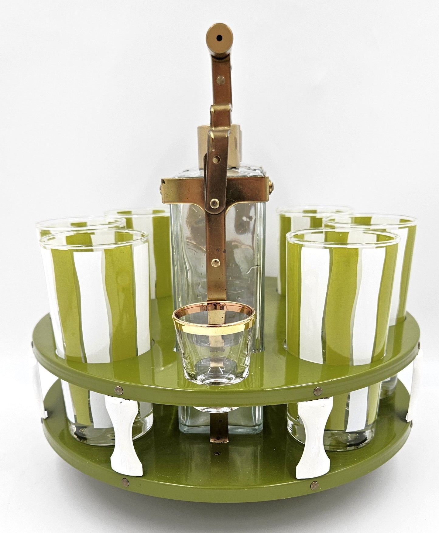Libbey Barware MCM Libbey Green White Tantalus Carousel Bottle Glassware Set 1950/60s