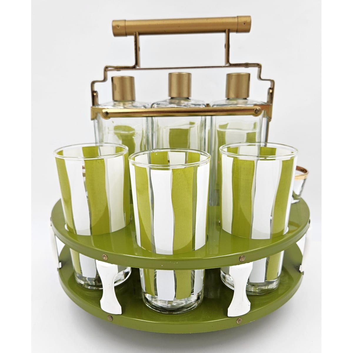 Libbey Barware MCM Libbey Green White Tantalus Carousel Bottle Glassware Set 1950/60s
