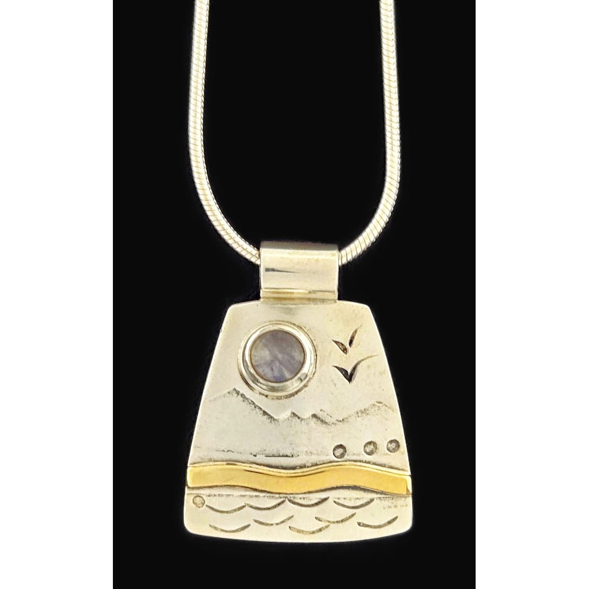 LM Artisan Sterling Necklace Jewelry Sterling & Gold Moonstone Abstract Modernist Pendant Necklace Signed LM