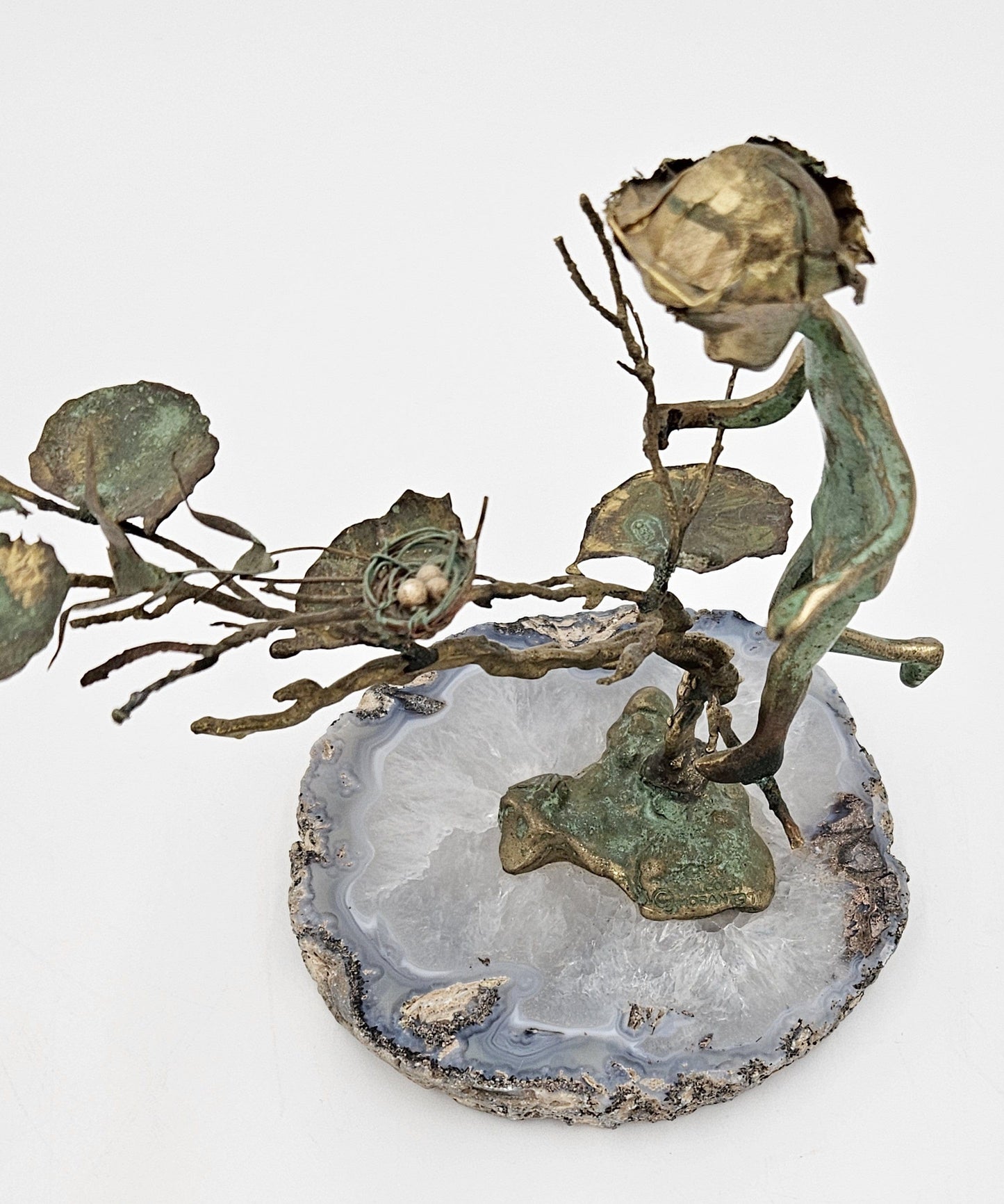 Malcolm Moran Sculpture Superb Malcolm Moran Bronze Nature Girl w/Birds & Nest Sculpture Statue 1971