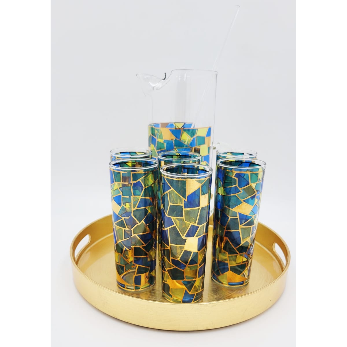 MCM Barware Barware MCM Tall Pitcher with 6 Matching Collins Glasses and Metallic Gold Tray Set
